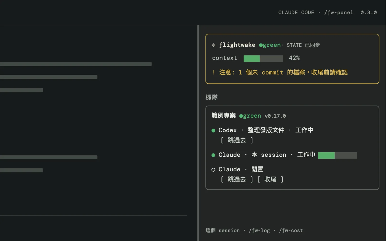 Screenshot of the Claude Code panel demo on the flightwake site, Chinese version: the status line shows flightwake ●green, STATE synced, context 42%, and a warning that 1 uncommitted file needs checking before wrap-up; below, a “fleet” list shows Codex and Claude sessions in a sample project. The conversation on the left is masked with gray bars; the site notes the panel is an anonymized reconstruction of a real session.